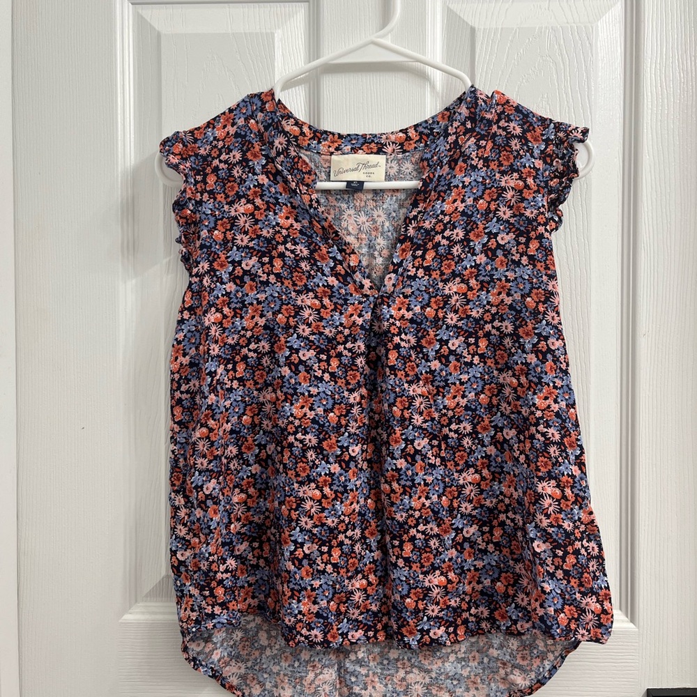 Universal Thread Blue and Pink Ruffled Sleeveless Blouse